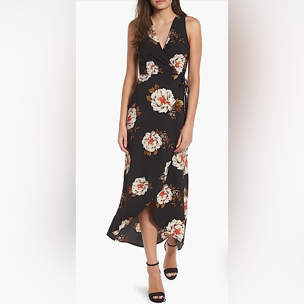Leith Side Tie Wrap Vneck Hi Low Tulip Hem Floral Black Sleeveless Dress Small